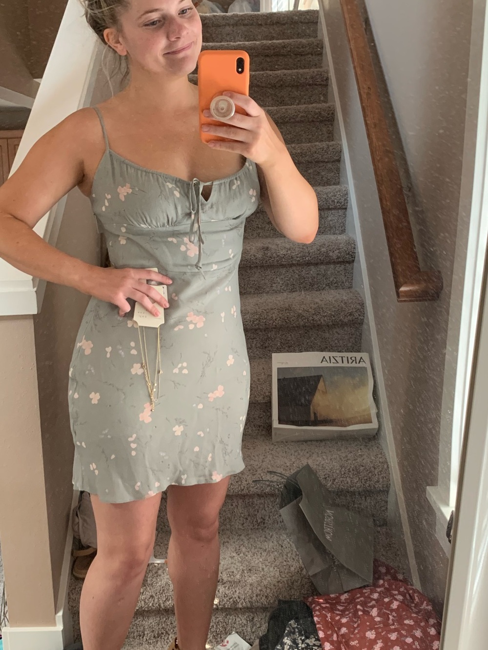 Green Floral Slip Dress with Pink Accents